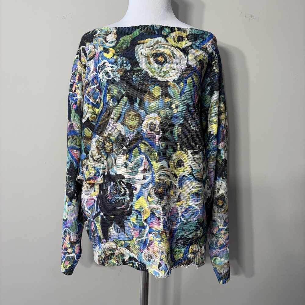 Inoah Shimmer‎ Sweater Womens L/XL Multicolor Abstract Floral Dolman Sleeve Knit